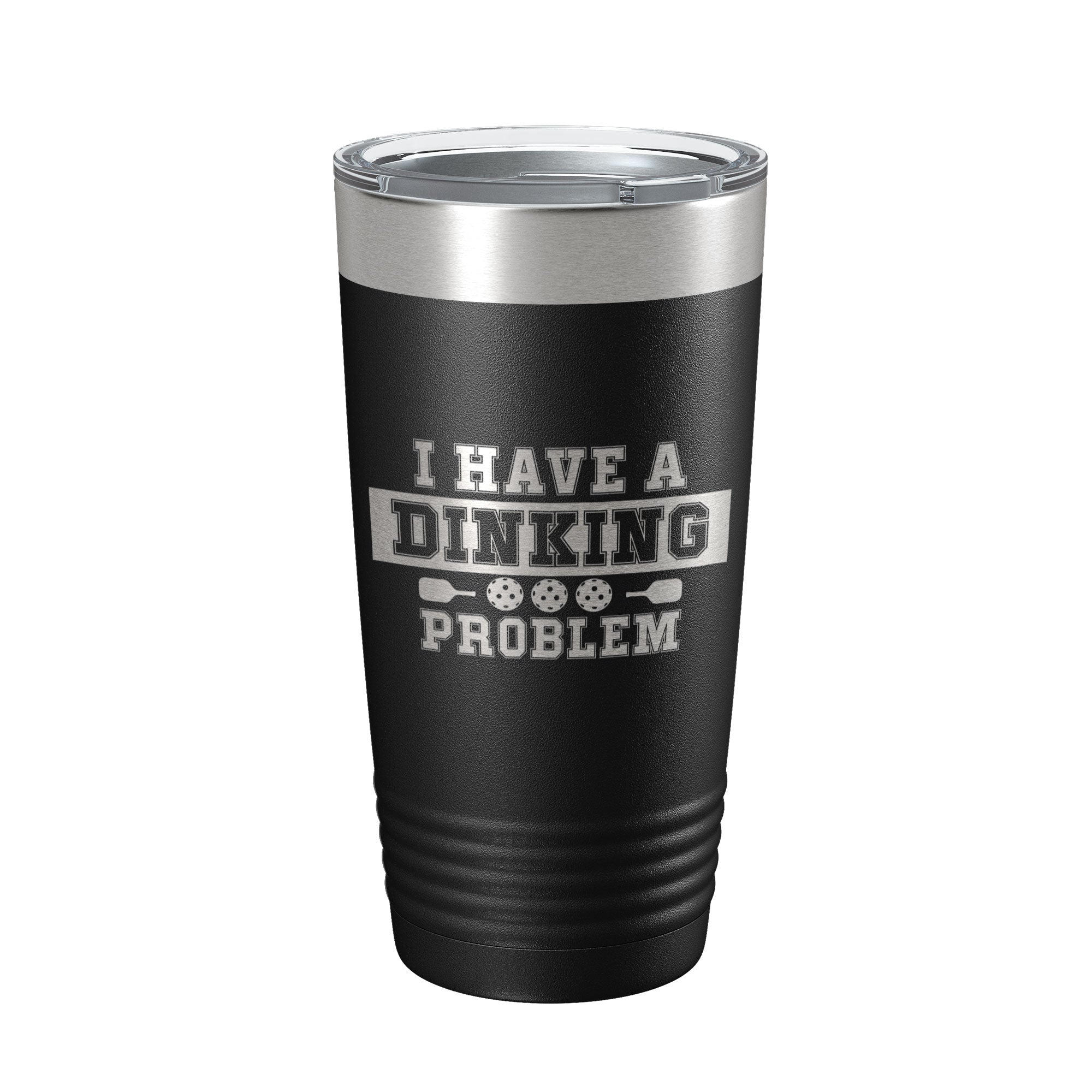 Funny pickleball 20oz insulated tumbler in powder coated stainless steel with clear lid and narrow base