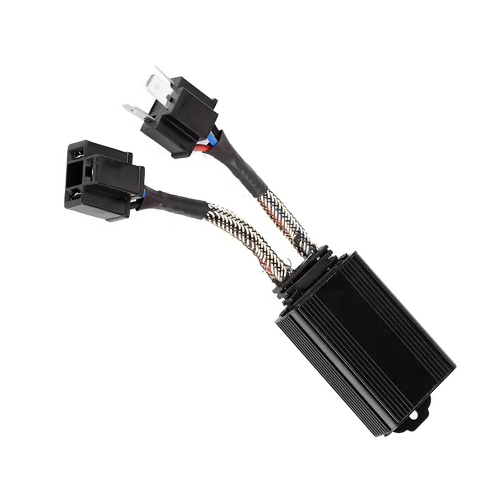 Black smart LED load module and Can-Bus decoder for H4 automotive headlights with wire connectors.