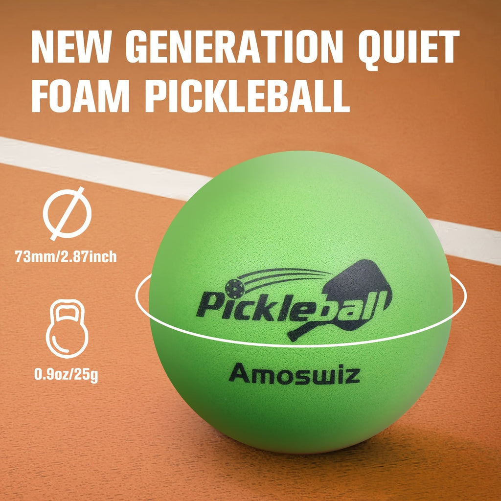 Six green foam training pickleballs arranged in a white mesh storage bag for indoor practice — view 3