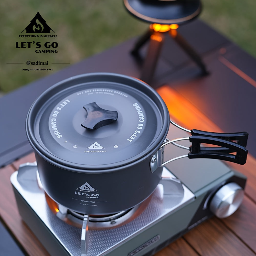 Black 4-piece aluminum camping cookware set including a cooking pot, frying pan, and portable kettle — view 5