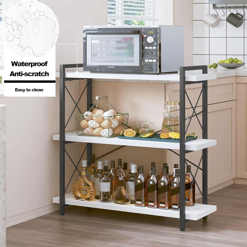 Three tier industrial open bookcase with black metal frame and white wooden shelves — view 5