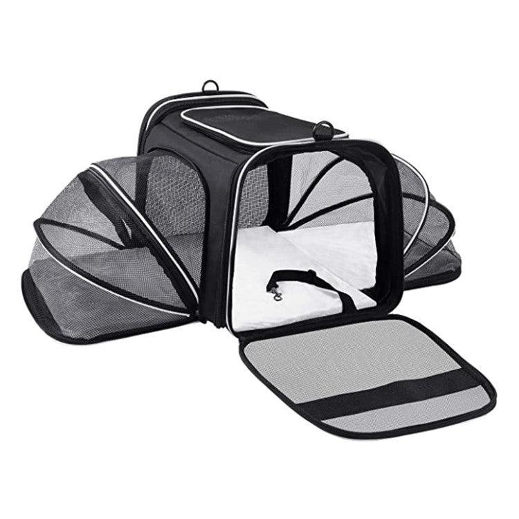 Black expandable soft-sided cat carrier with breathable mesh windows and safety reflective tape — view 5