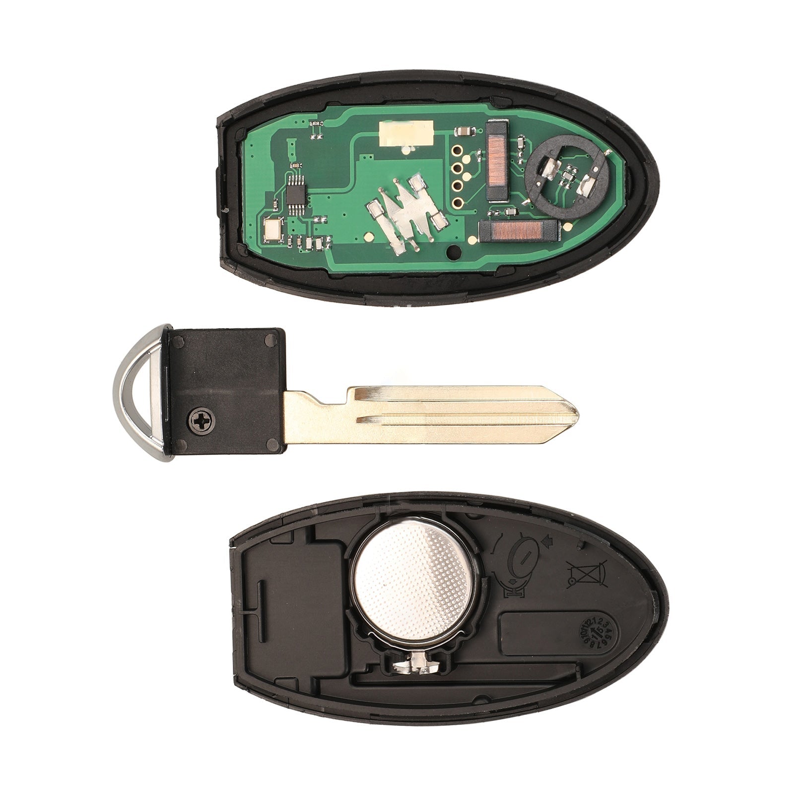 Black two-button smart remote car key fob with uncut metal blade for Nissan vehicle replacement — view 5