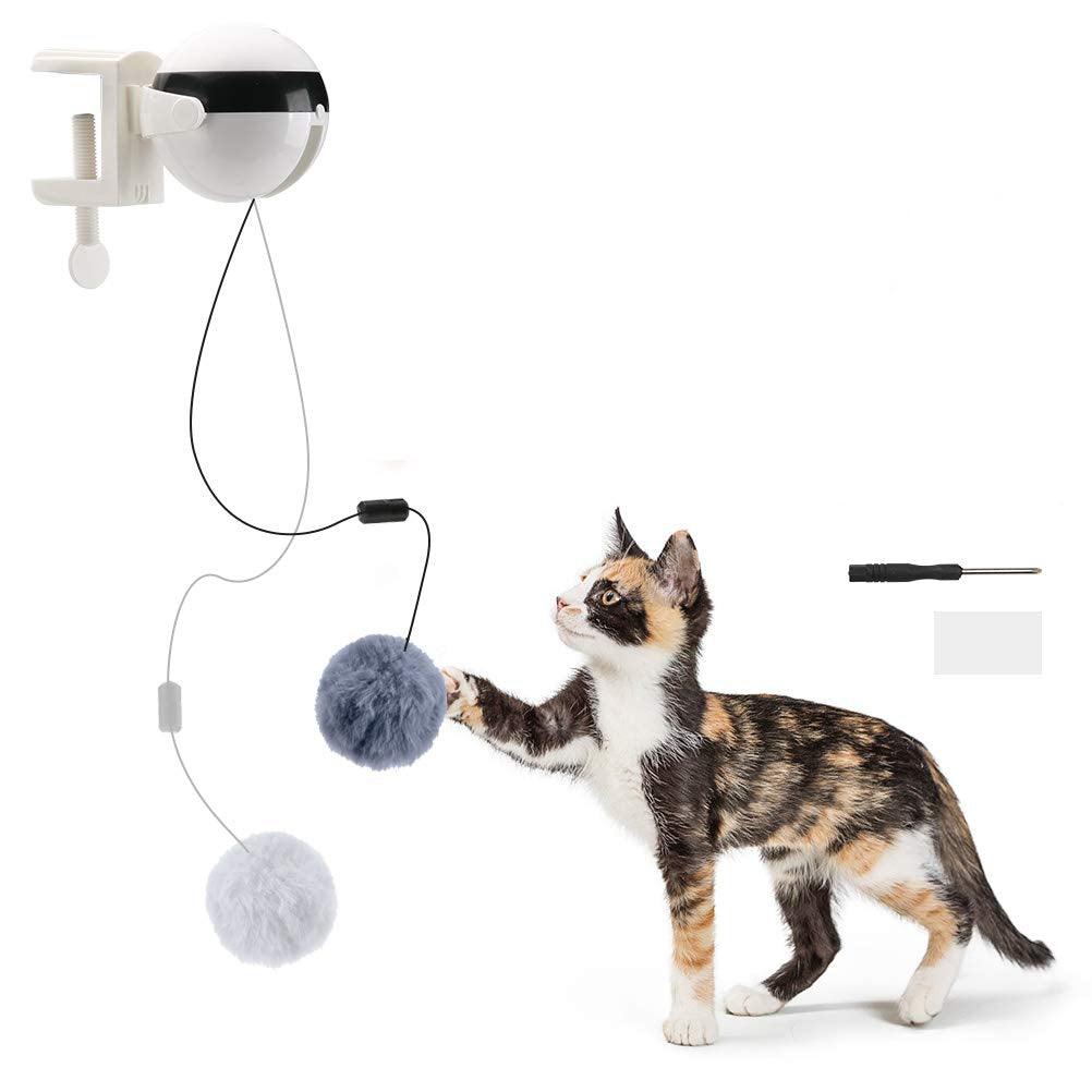 Interactive smart cat toy with automatic lifting motion, white plastic base and rabbit hair teaser attachment