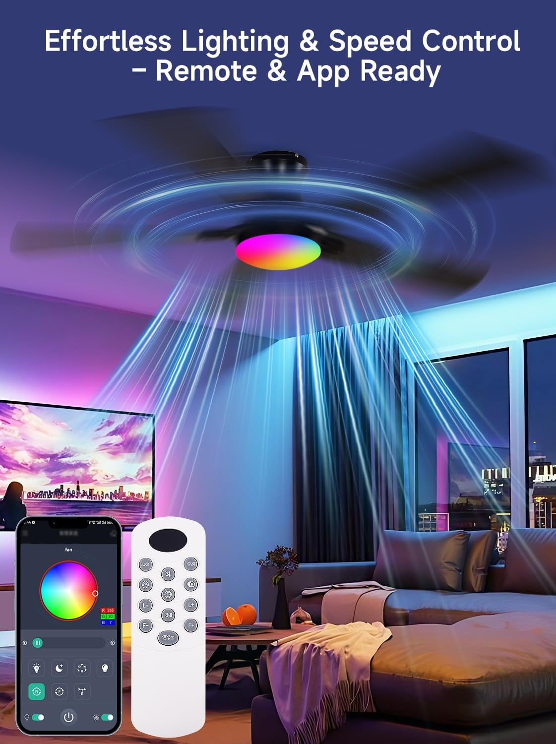 52-inch black smart ceiling fan with five wood blades and integrated LED light fixture — view 2