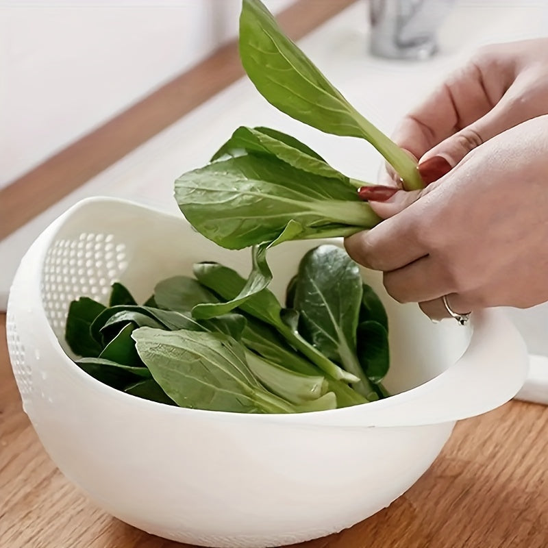 White modern plastic kitchen washing basket and strainer for rinsing rice, fruits, and fresh vegetables. — view 4