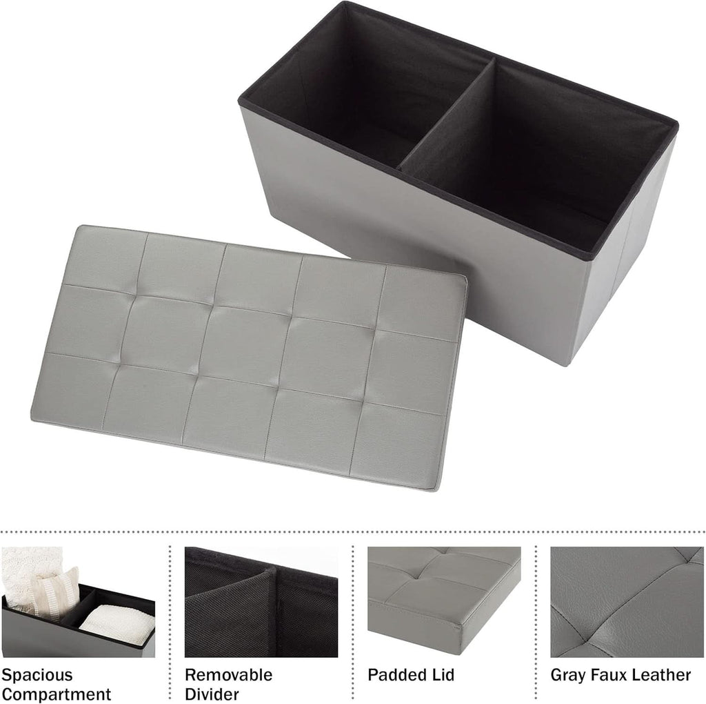 30-inch gray storage ottoman bench with padded faux leather lid and internal divider — view 4