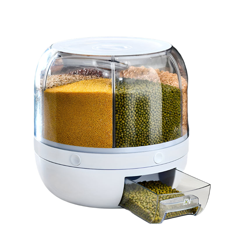 White round rotating grain storage box with flip top and divided compartments for pantry organization