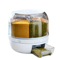 White round rotating grain storage box with flip top and divided compartments for pantry organization