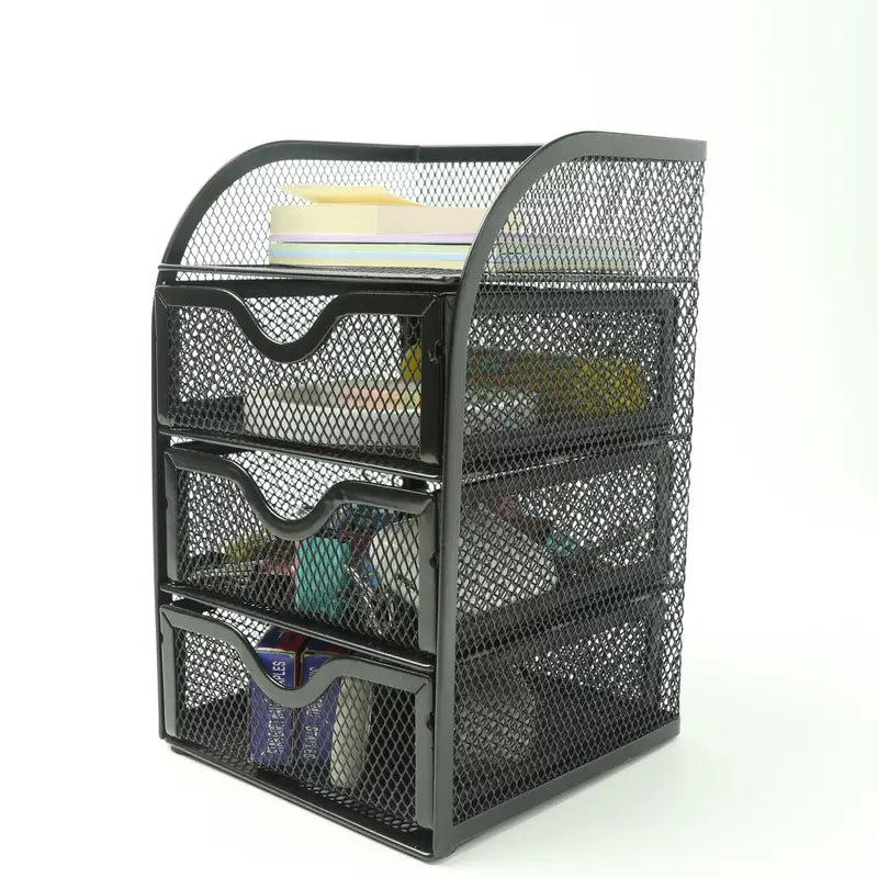 4 tier mesh desk organizer with three drawers in powder coated iron holding office supplies — view 2