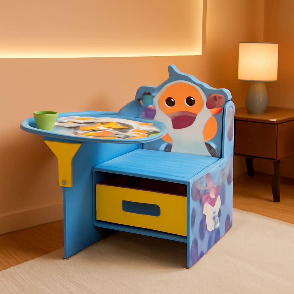Baby Shark kids desk chair with storage bin, cup holder, and colorful underwater graphics.