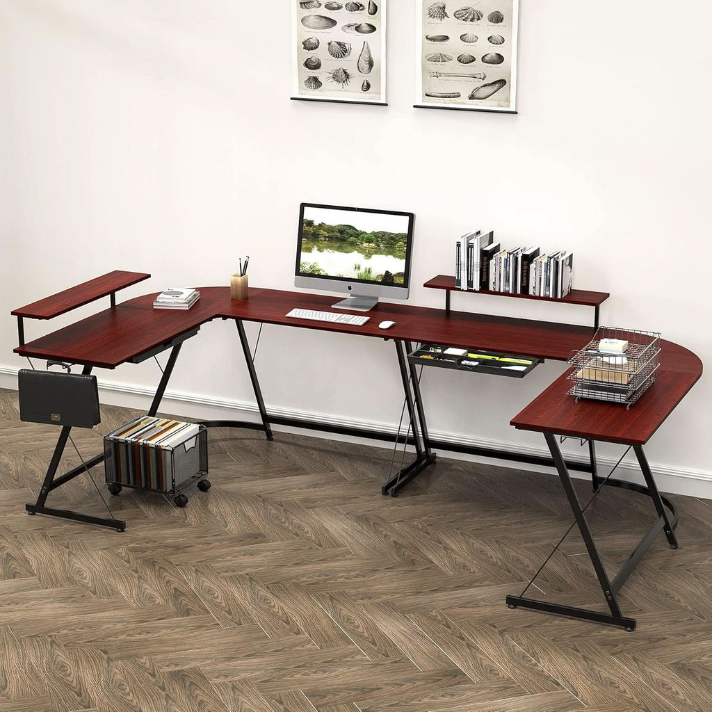 Vista cherry L-shaped corner computer desk with adjustable monitor stand and steel Z-shaped legs — view 2