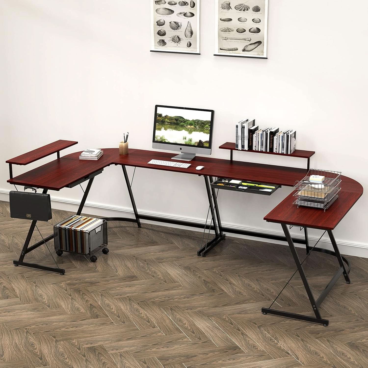 Vista cherry L-shaped corner computer desk with adjustable monitor stand and steel Z-shaped legs — view 2