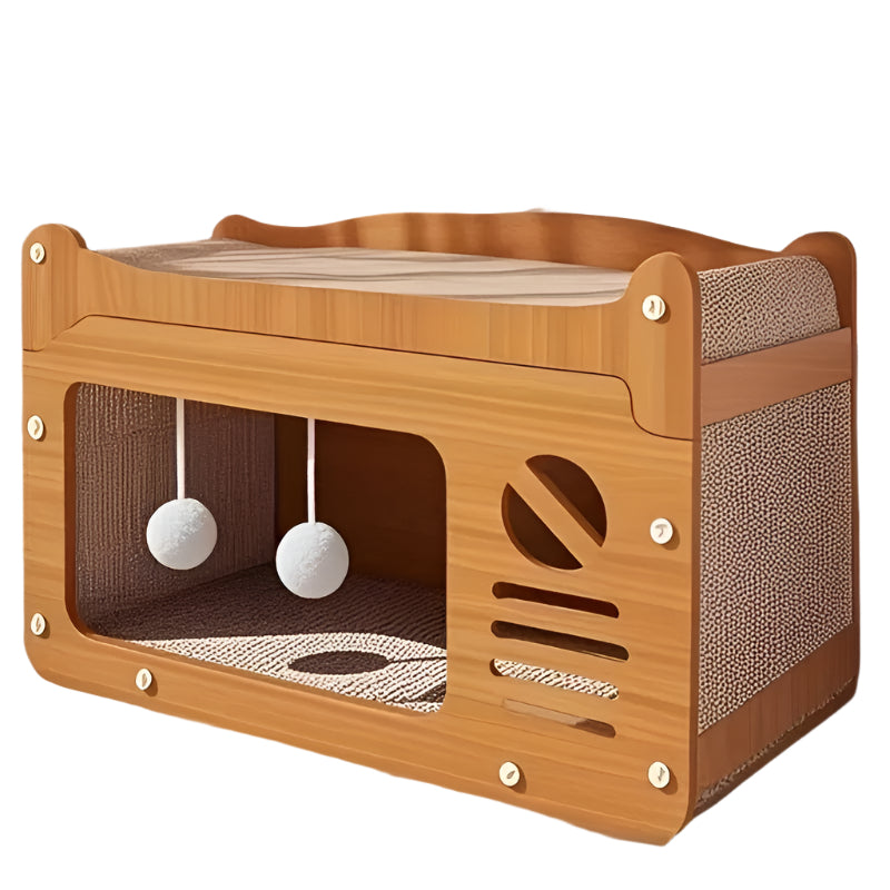Wall mounted cardboard 2-in-1 cat bed and scratching post with built-in ventilation slots.