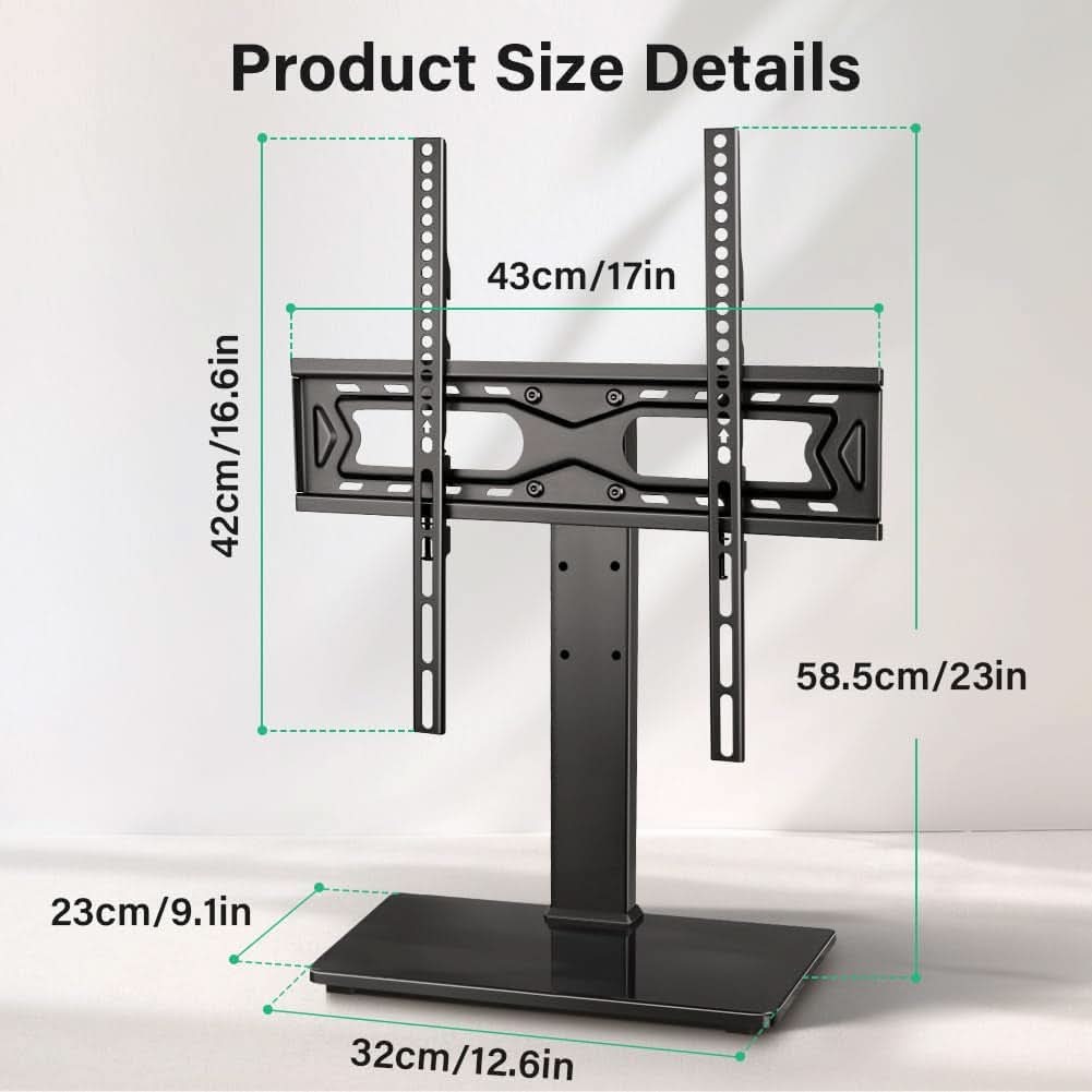 Universal TV stand with a tempered glass base supporting a large flat screen television display — view 2