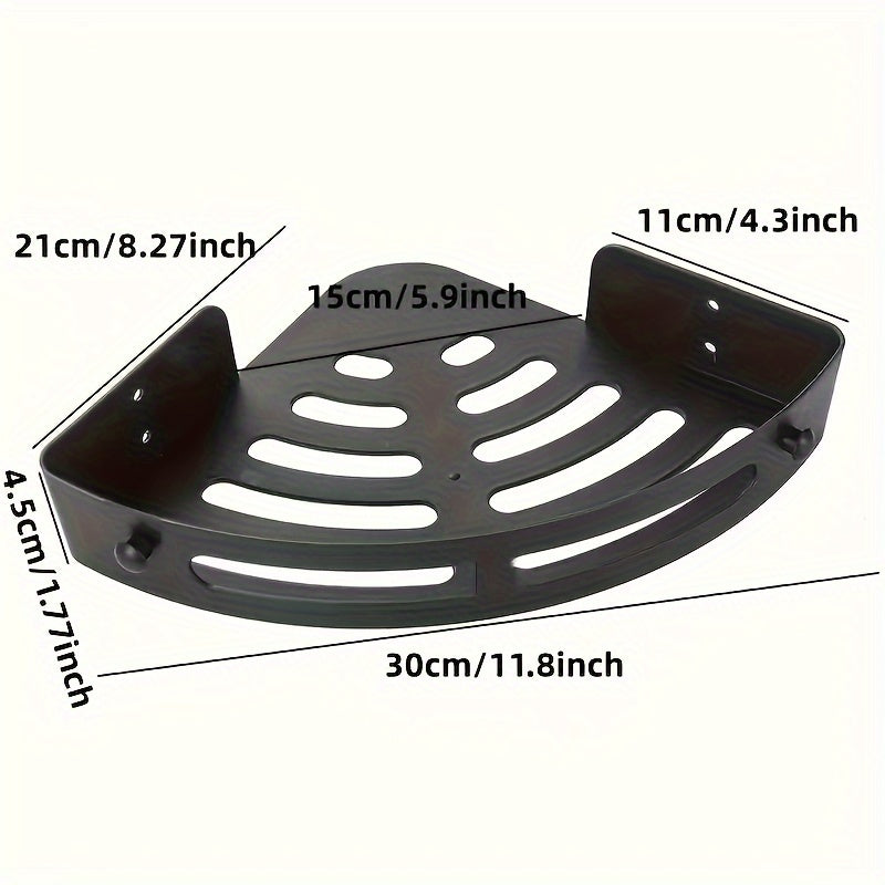 Black plastic no-drill corner shower caddy with adhesive wall mount for bathroom storage organization — view 4