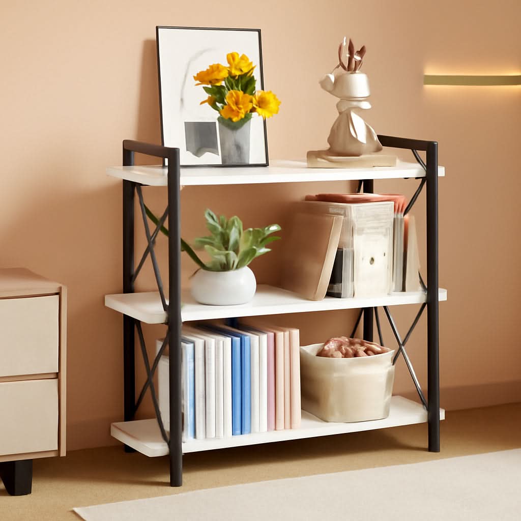 Industrial 3-tier open bookcase with a sturdy black metal frame and white wooden display shelves