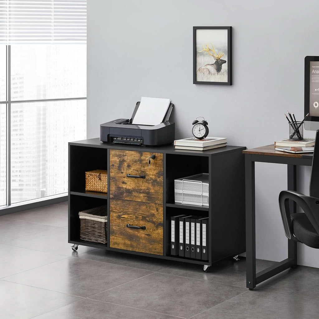 Black and rustic brown 2-drawer lateral filing cabinet with rolling castors and open compartments — view 5