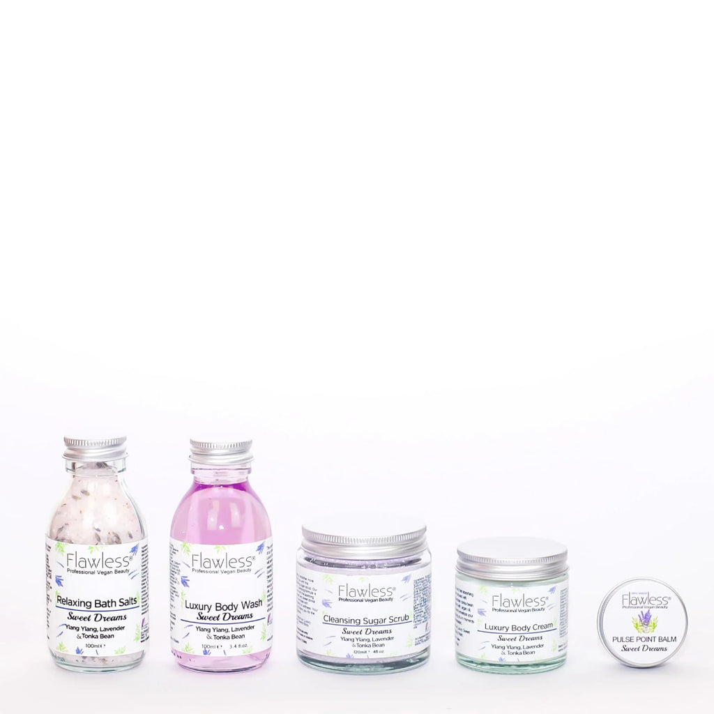 Sweet Dreams beauty gift set with five plastic-free lavender and tonka bean vegan skincare products — view 2