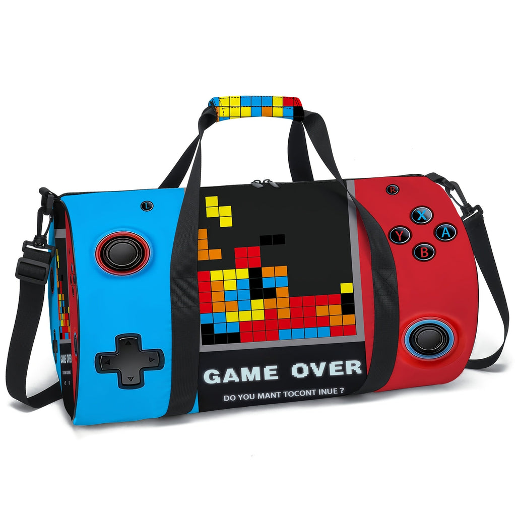 Cylindrical game controller print travel duffel bag with black adjustable shoulder strap and handheld handles