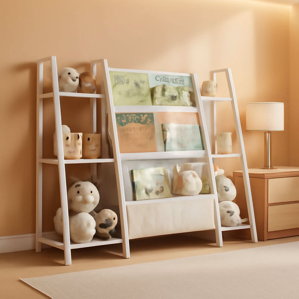 White 3-tier kids bookshelf toy organizer with metal frame, natural wood accents, and fabric pockets