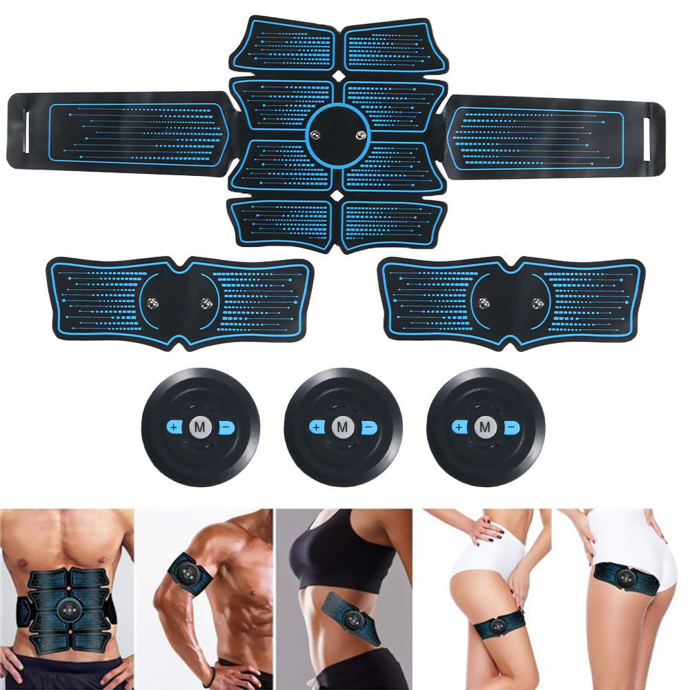 USB rechargeable muscle toner set for abdomen and arms featuring fitness gel pads and control units