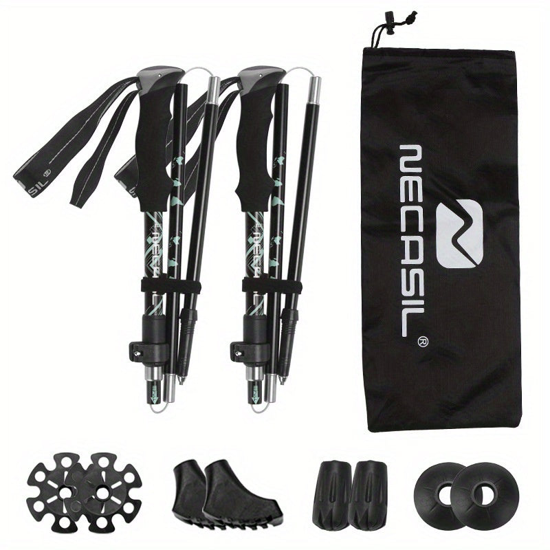 Black aluminum adjustable trekking poles with ergonomic EVA foam grips for outdoor hiking and backpacking.