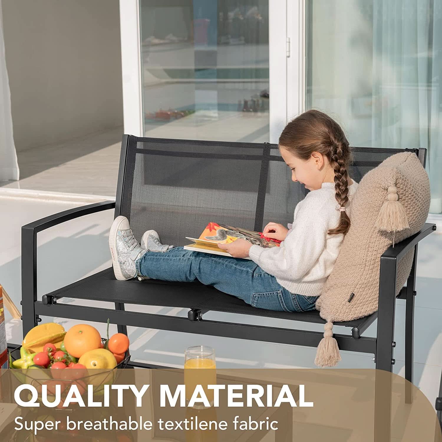 Black 4-piece outdoor patio furniture set with textilene chairs and tempered glass coffee table — view 3