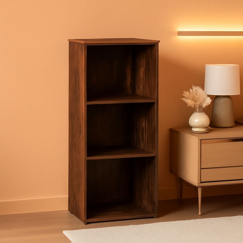 Pasir 3-tier open bookcase in amber pine wood finish, compact storage display shelf
