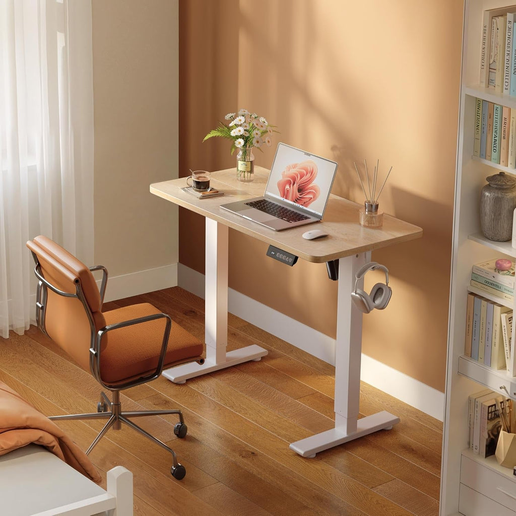 32-inch electric adjustable standing desk with a maple wood top and sturdy black steel frame — view 2