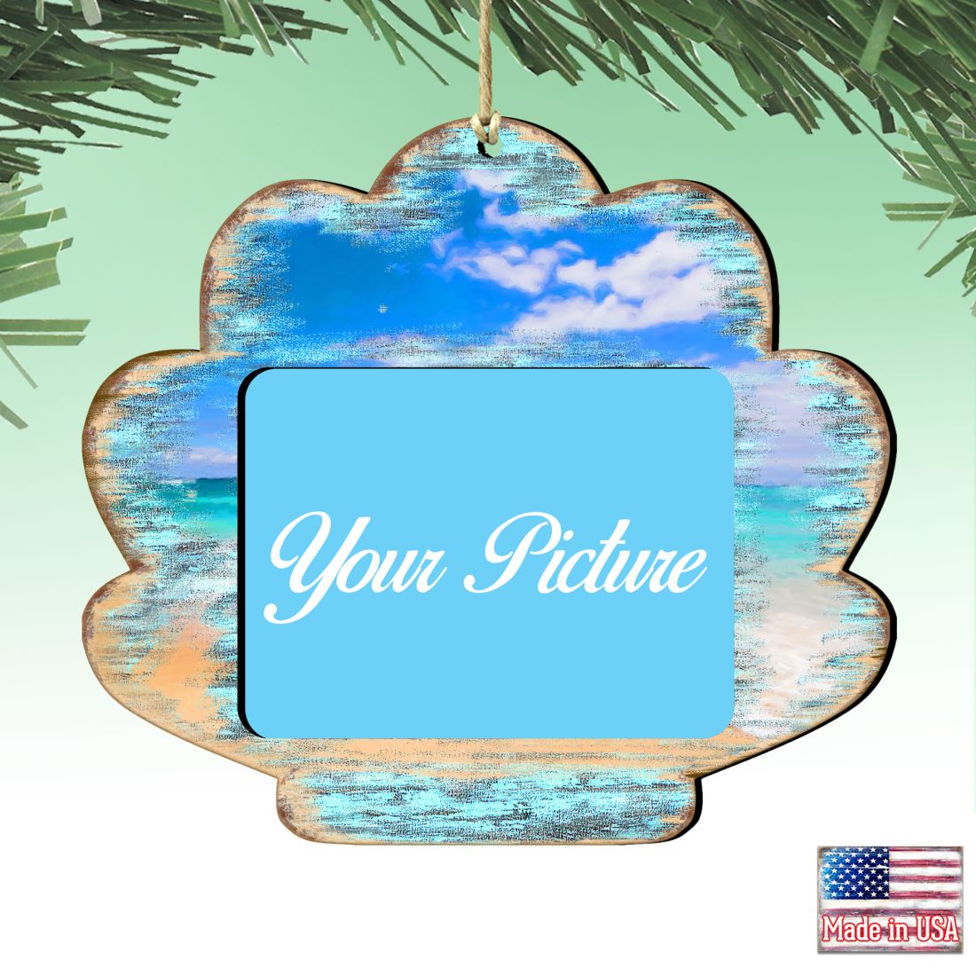 Handcrafted wooden seashell picture frame hanging ornament for coastal holiday decorations and DIY crafts.