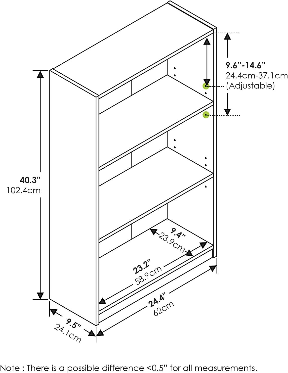 Black three-tier adjustable wooden bookcase displaying books and decor for home office storage. — view 3