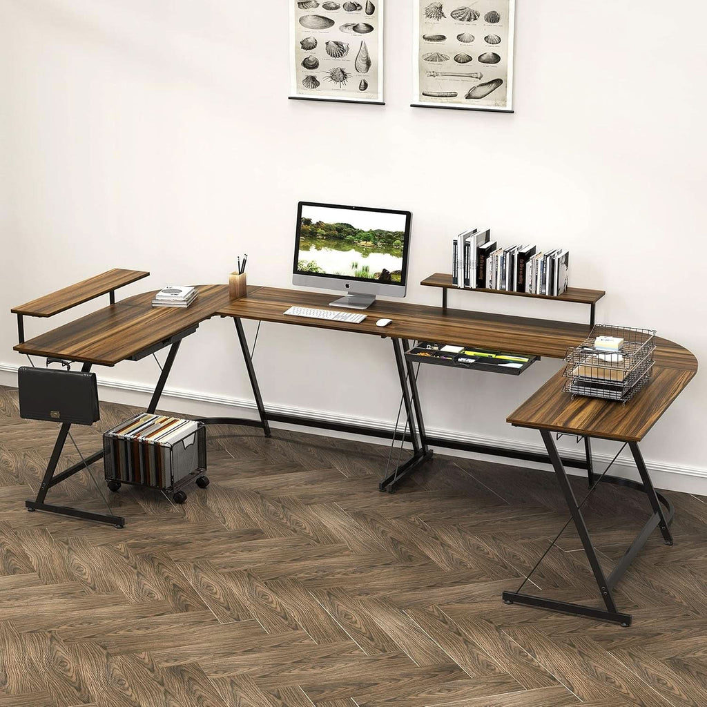 Vista L-shaped corner computer desk in walnut finish with removable monitor stand and steel frame — view 4