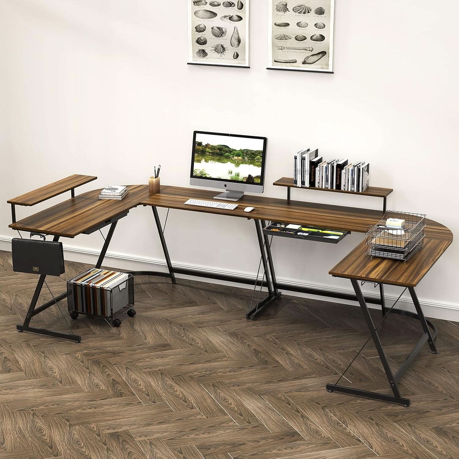 Vista L-shaped corner computer desk in walnut finish with removable monitor stand and steel frame — view 4
