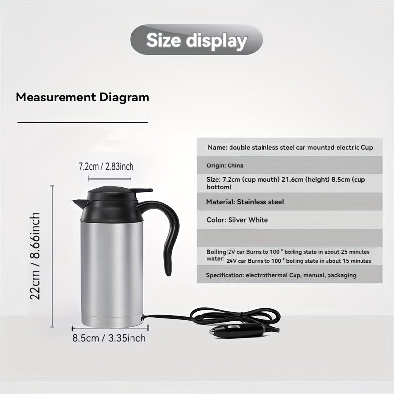 Stainless steel portable car electric kettle for travel with anti-scald exterior and car plug — view 2