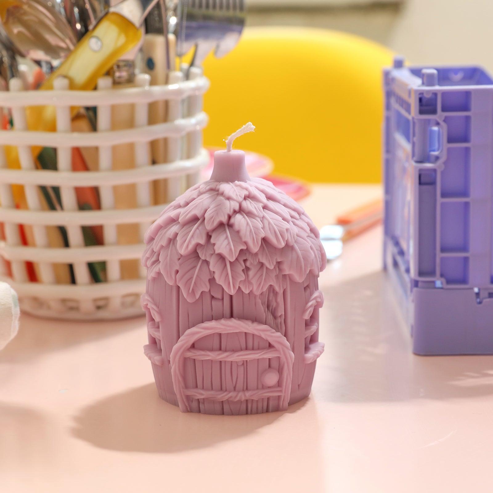 Miniature fairy house candle silicone mold featuring detailed shingled roof and round windows — view 4