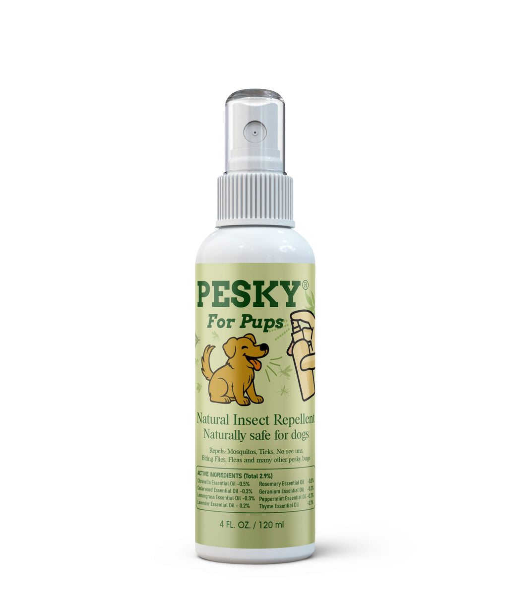 Plant-based dog insect repellent spray bottle by PESKY in lightweight 2oz travel size