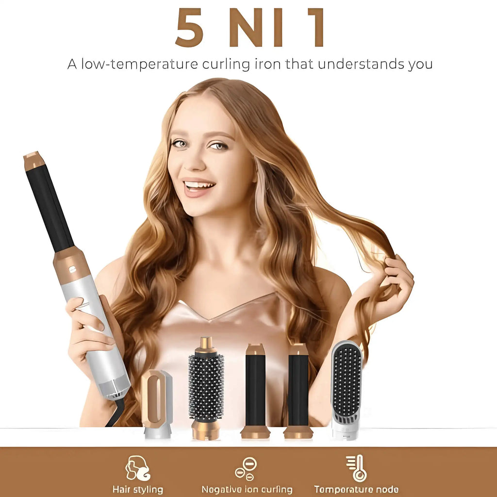 5-in-1 hair dryer hot air comb with interchangeable brush attachments and a rotating cord — view 2