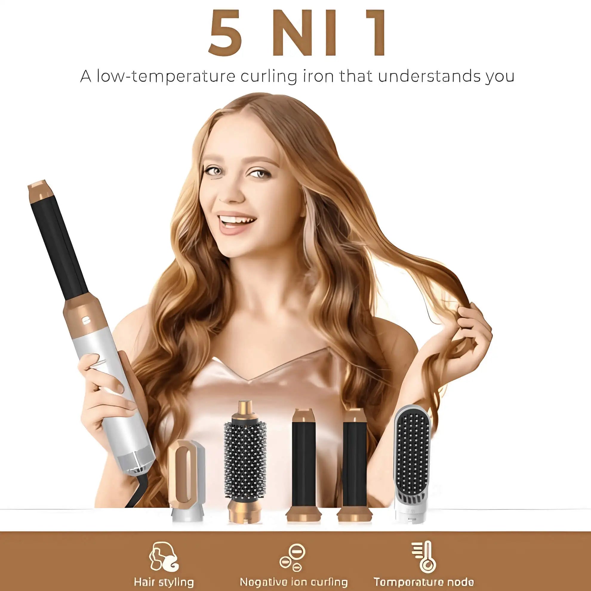 5-in-1 hair dryer hot air comb with interchangeable brush attachments and a rotating cord — view 2