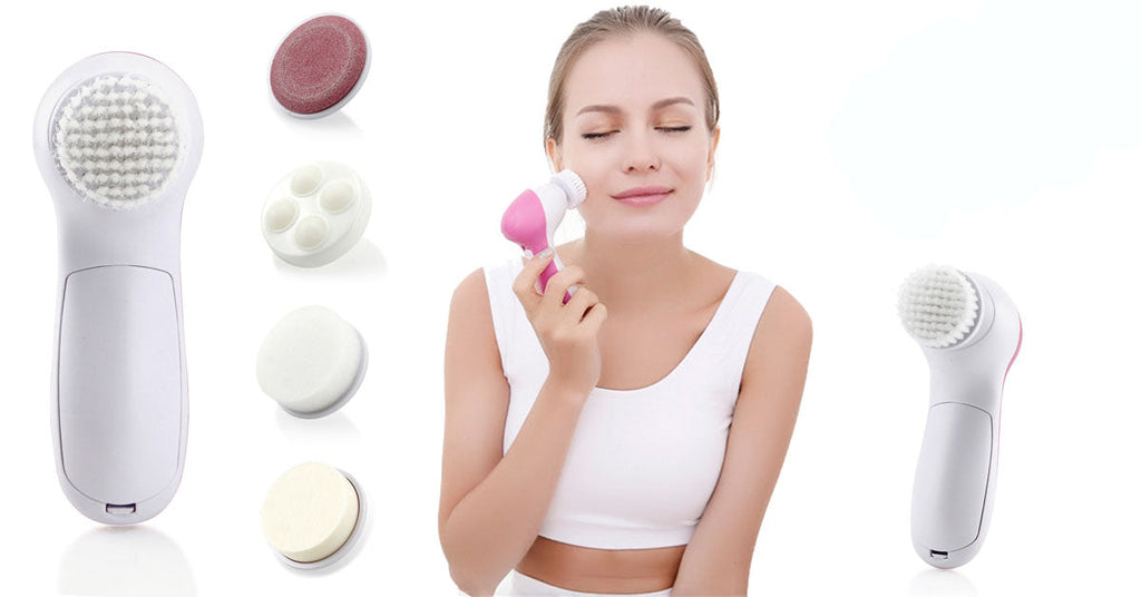 5-in-1 facial cleansing device with interchangeable brush and sponge heads for deep skincare routines — view 2