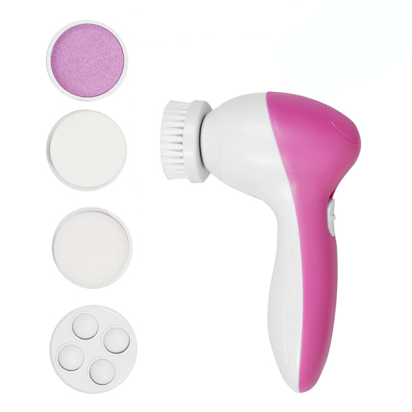 5-in-1 facial cleansing device with interchangeable brush and sponge heads for deep skincare routines
