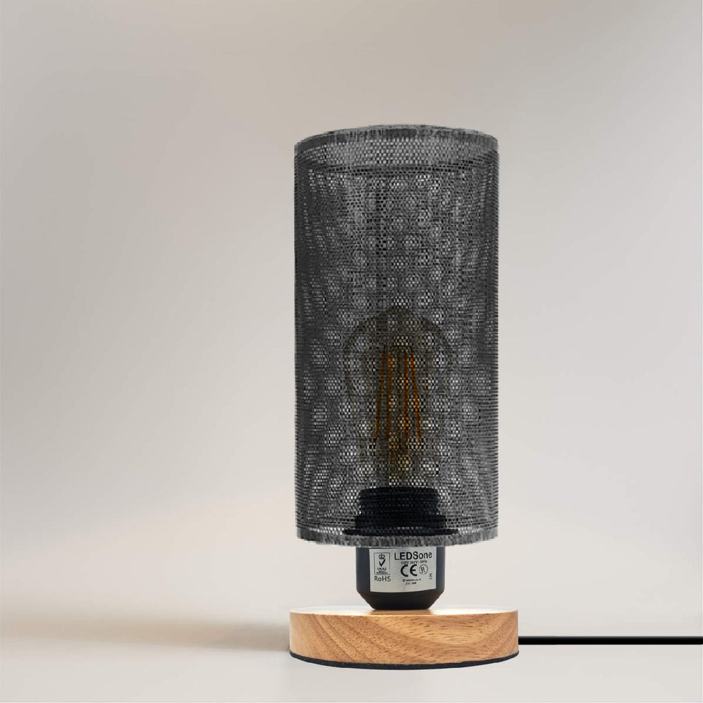 Retro industrial table lamp with metal wire cage and natural wooden base for bedroom lighting