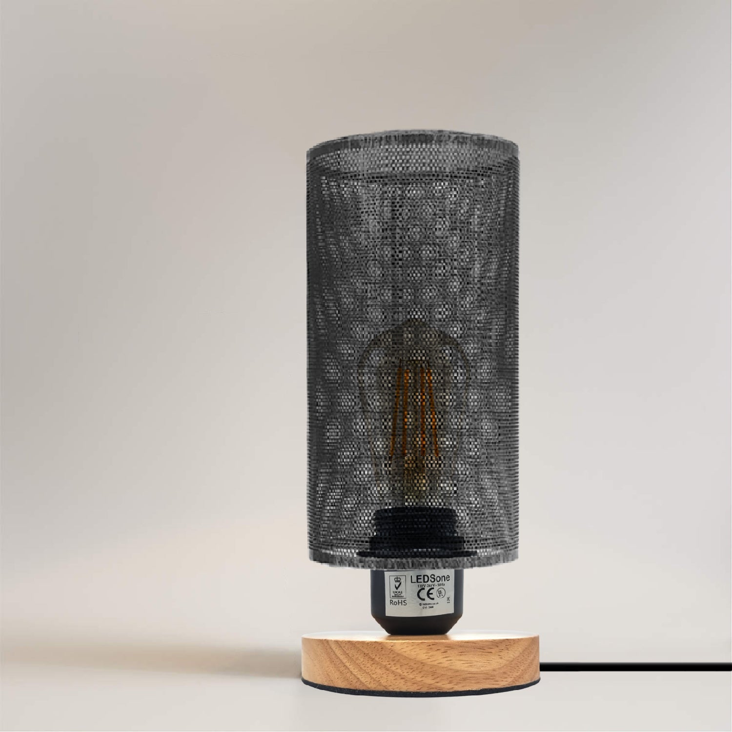 Retro industrial table lamp with metal wire cage and natural wooden base for bedroom lighting