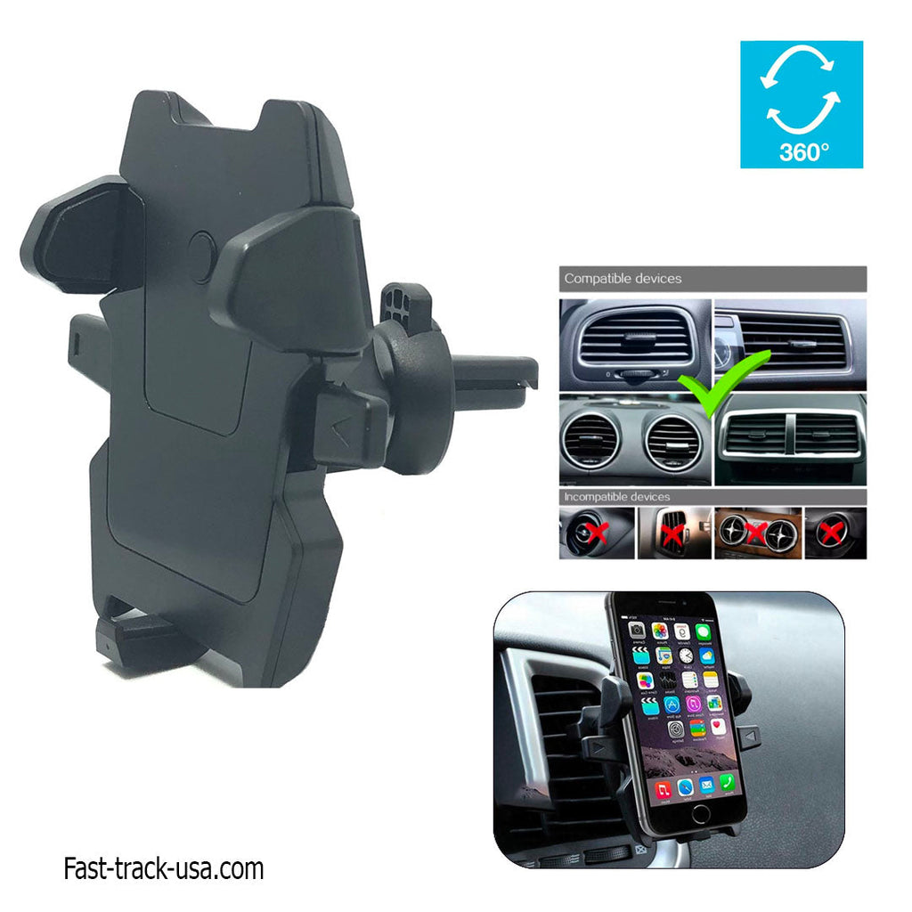 Black one-touch car air vent phone mount securely holding a smartphone on a vehicle dashboard — view 2