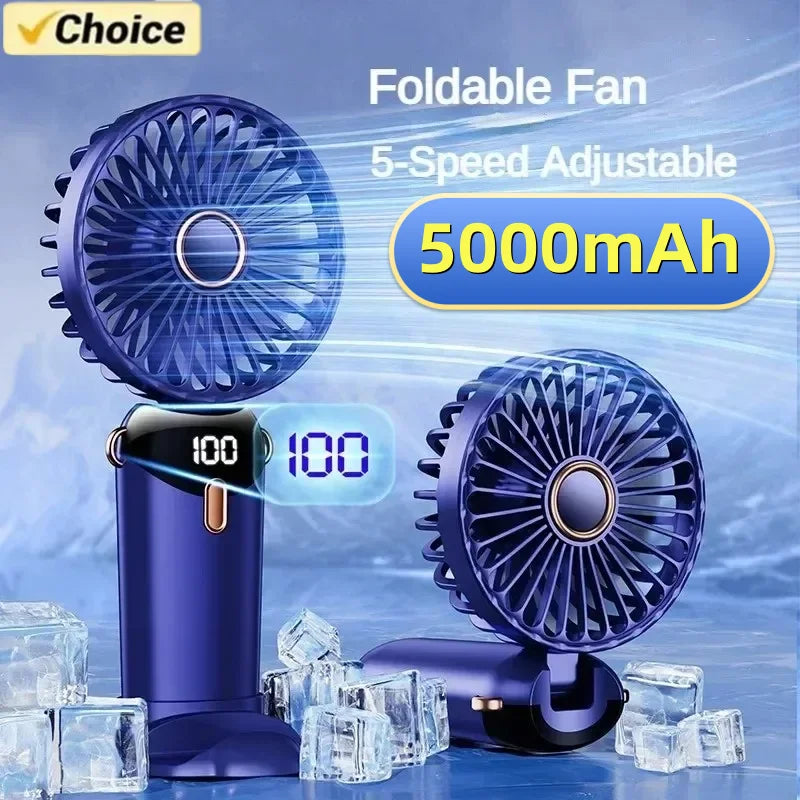 Foldable handheld mini fan with built-in phone stand and digital LED display. — view 2