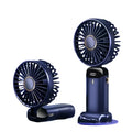 Foldable handheld mini fan with built-in phone stand and digital LED display.