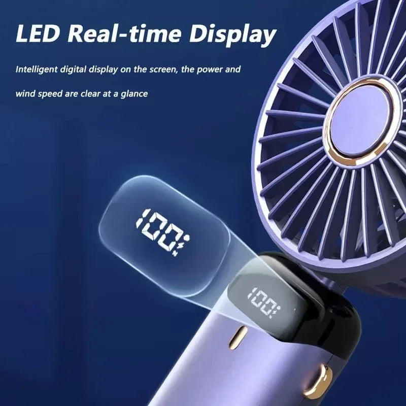 Foldable handheld mini fan with built-in phone stand and digital LED display. — view 3