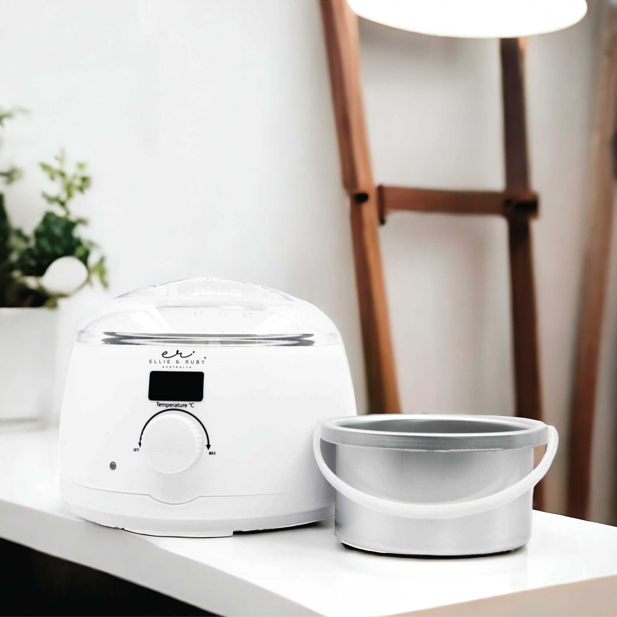 White 500ml electric wax warmer with digital display and clear lid for home hair removal. — view 2