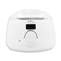 White 500ml electric wax warmer with digital display and clear lid for home hair removal.