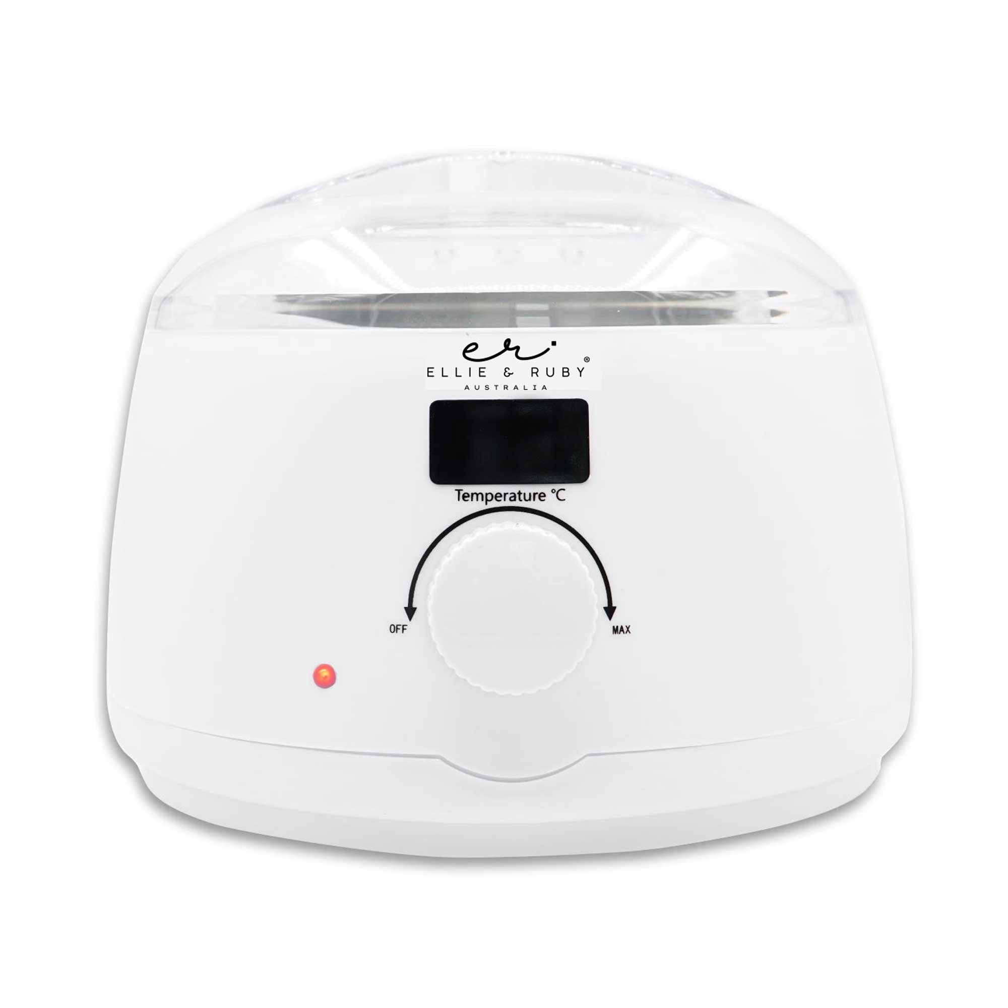 White 500ml electric wax warmer with digital display and clear lid for home hair removal.